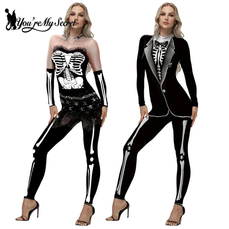 [You're My Secret] Halloween Ghost Adult Skeleton printed Jumpsuit Cospaly Costume Carnival Party Zentai Bodysuit Scary Outfit