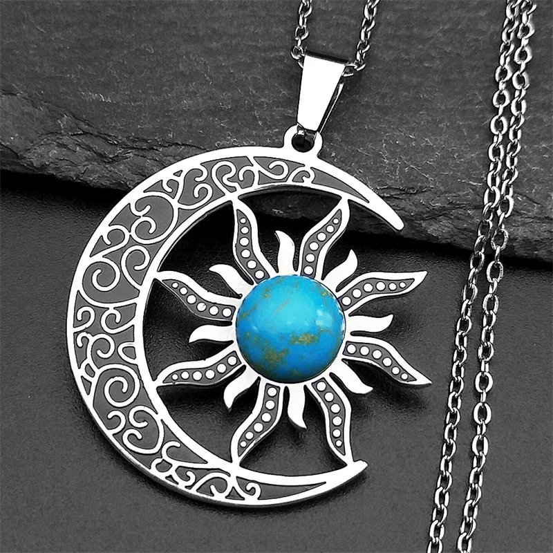 Neue Vintage Mond und Sonne Anhänger Halsketten für Frauen Männer Edelstahl Blau Kiefer Stein Crescent Moon Trendy Halskette Schmuck