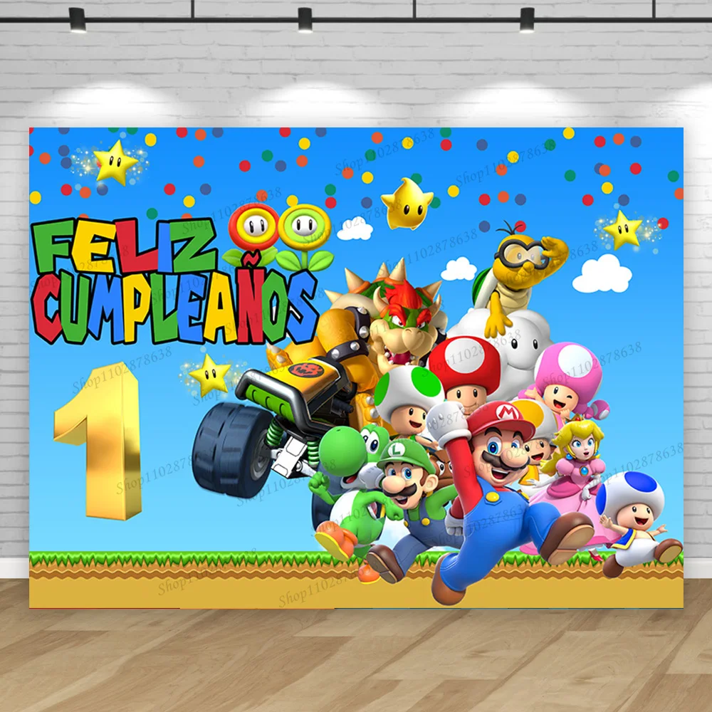 Super Marios Bros Feliz Cumpleaños Backdrop Boy Golden Numeral 1 2 3 4 5 6 Birthday Party Background Photo Studio Banner Decor