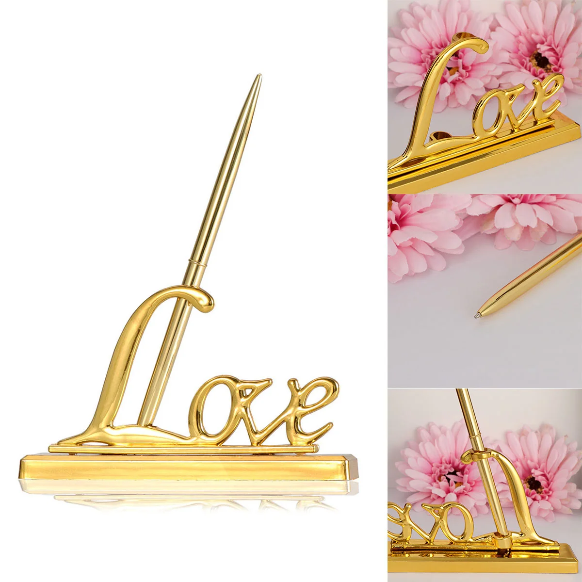 

White Feather Signing Pen With Gold Plated Metal Love Holder For Wedding Guest Book Meeting Office Present Events Table Decor