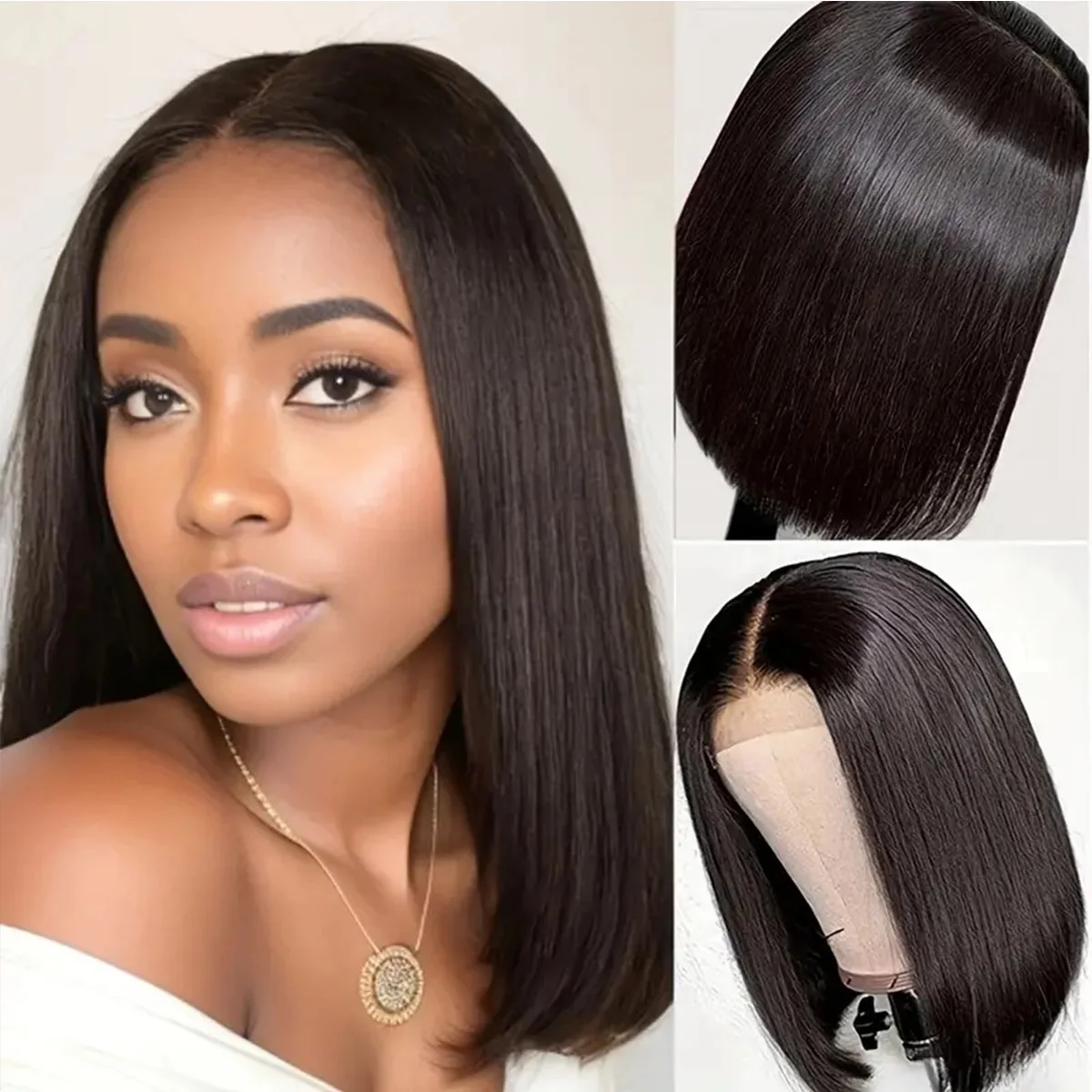 Peluca de cabello humano liso de 13x4 para mujeres negras, postizo de encaje Frontal, corte Bob, brasileño, predespuntado