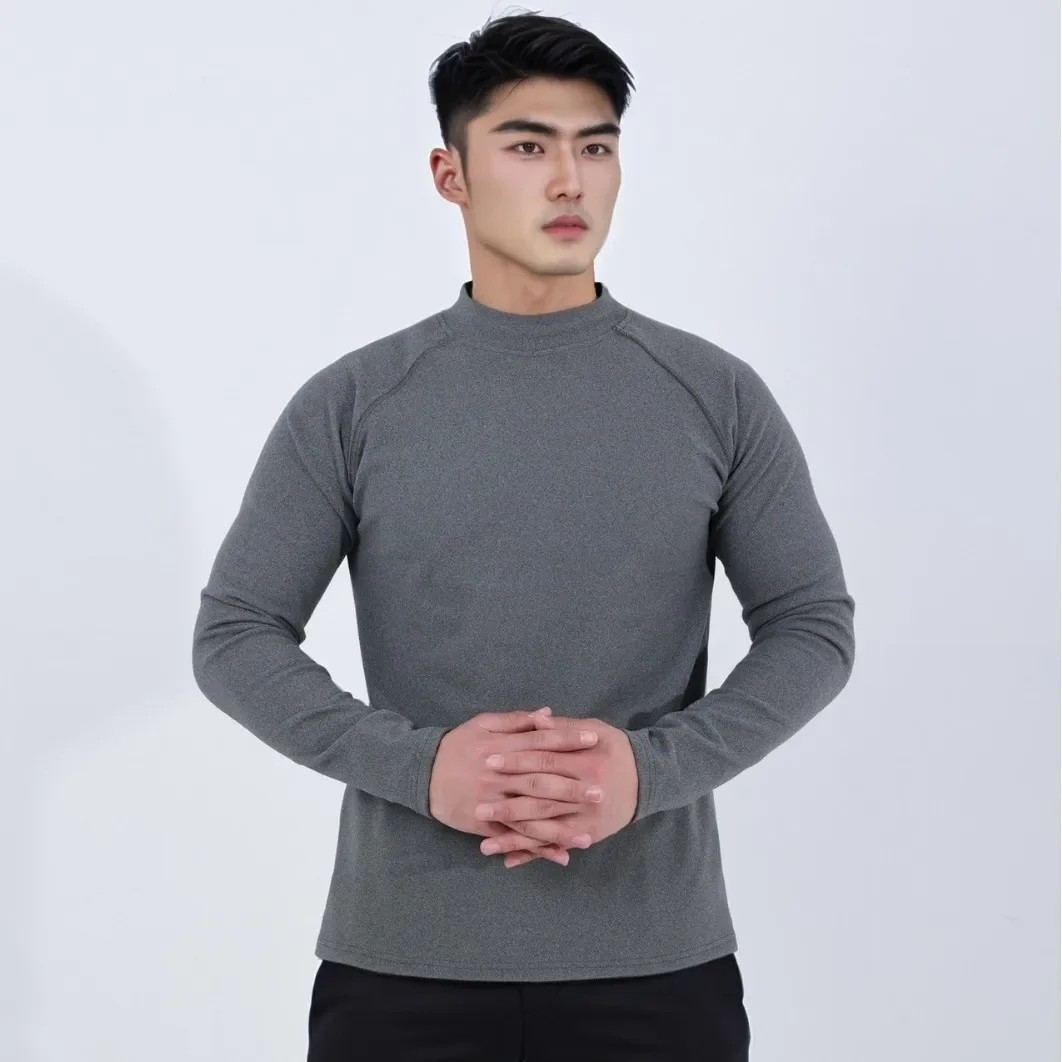 Winter High Collar Cationic Velvet Warm Slim Fit round Neck Sports Fitness High Elastic Long Sleeve T Shirt Baseball Game Shirt