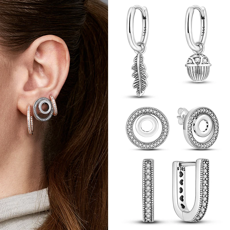Genuine 925 Sterling Silver Love Feather Earrings Fit Original Charms Hoop  For Women girls Stud Earring Fine Jewelry Gifts 3
