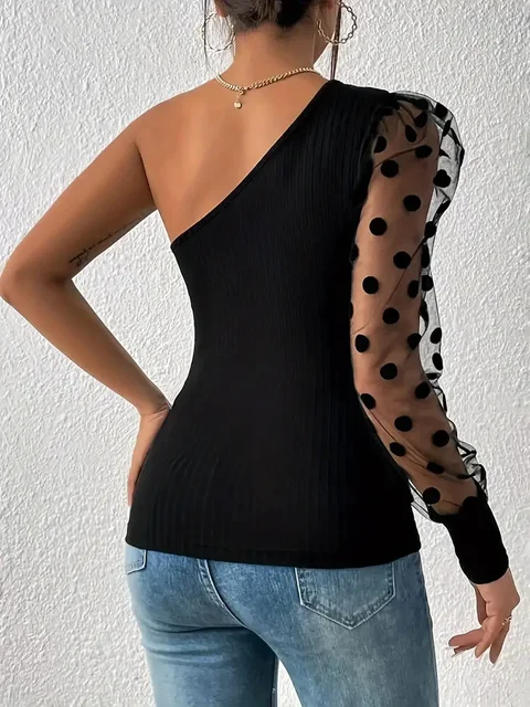 Mya Polka Dot Mesh Stitching Single Shoulder Top 3