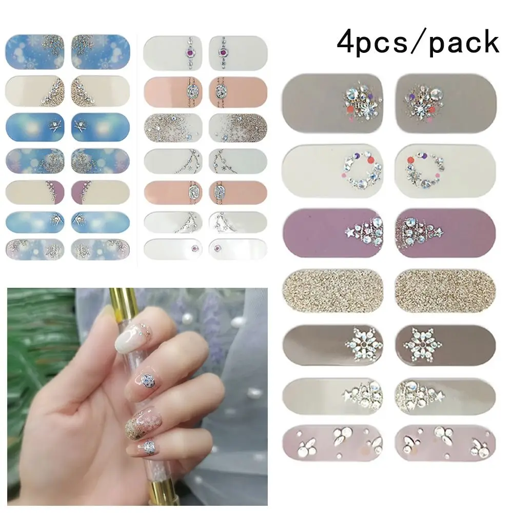 4PCS 14Tips Christmas Nail Sticker Winter Snowflake Gloves Self-adhesive Nails Art Decal Full Cover Manicure Decoration 1pc snake skin neon nail sticker fluorescence adhesive 3d nail art decorations sticker manicure silk design decal nk13