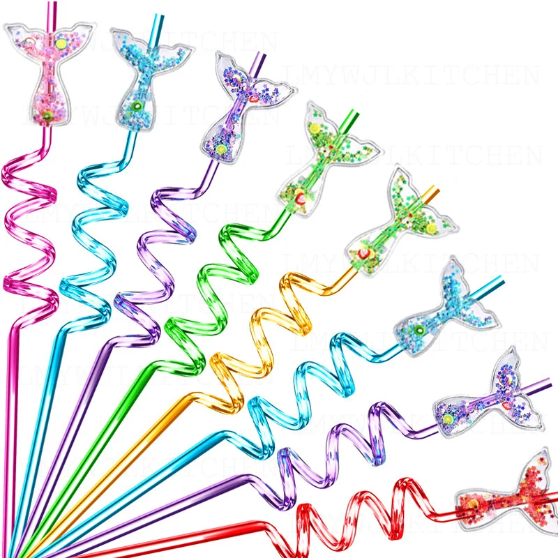 

8pcs Sequin Mermaid Plastic Straw Reusable Unicorn Heart Straws Kids Birthday Party Decorations Mermaid Themed Party Supplies