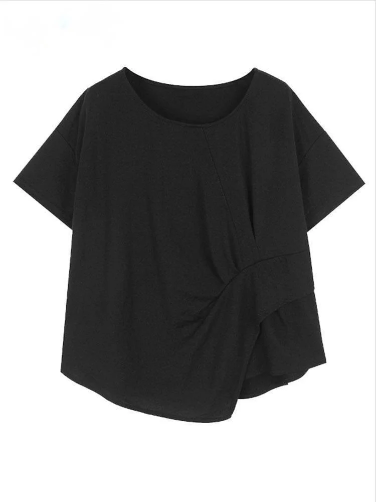 

Women Black Irregular Pleated Big Size T-shirt New Round Neck Short Sleeve Loose Fashion Tide Spring Summer O116