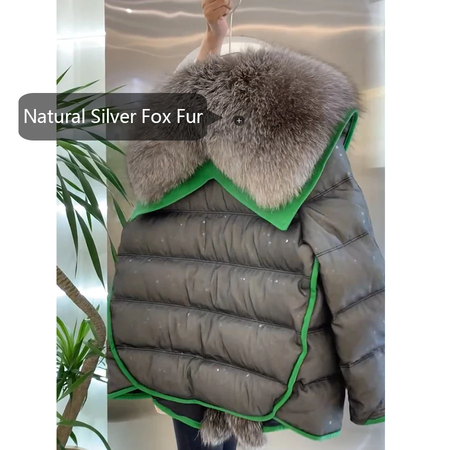 Women\'s Down Jacket With Fur Goose Feather Jacket Warm Winter Sequins Design Real Silver Fox Fur Collar