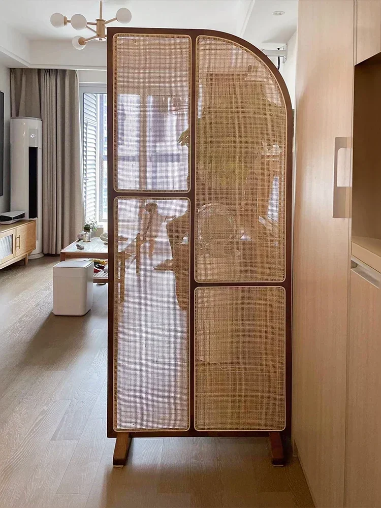 Retro Solid Wood Rattan Subareas Screens Entrance Door Living Room Bedroom Covering Japanese Movable