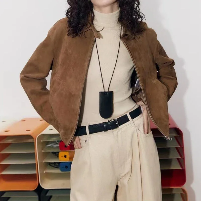 Classic Women's Suede Jacket Brown Genuine Sheepskin Single Breasted Vintage Long Sleeve  Parka Chic Outwear Coat