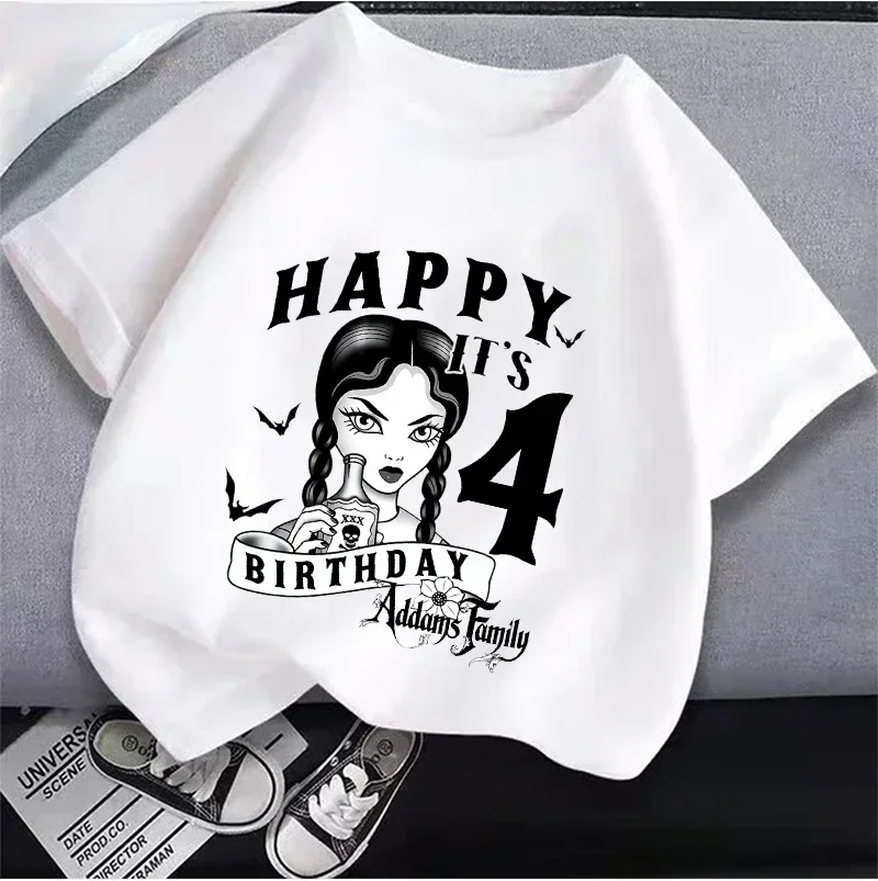 2025 New  Wednesday Addams Children Clothing Anime Summer Girls Birthday Number T-shirt Cartoon Clothes Kids Top Gift New 4