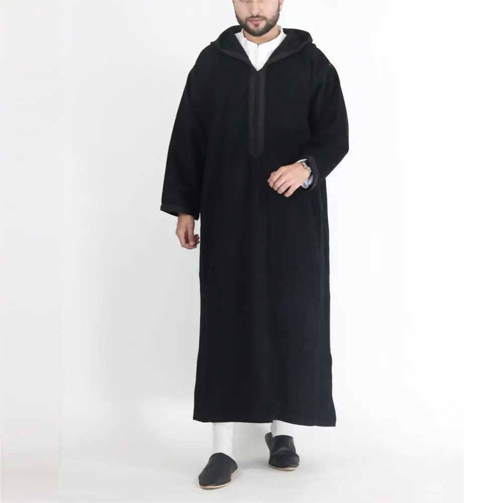 7gown Hooded Solid Men Robe Dubai Long Robe Muslim Abayas Traditional Chinese Arab Morocco Spliced Ramadan Modest Loose