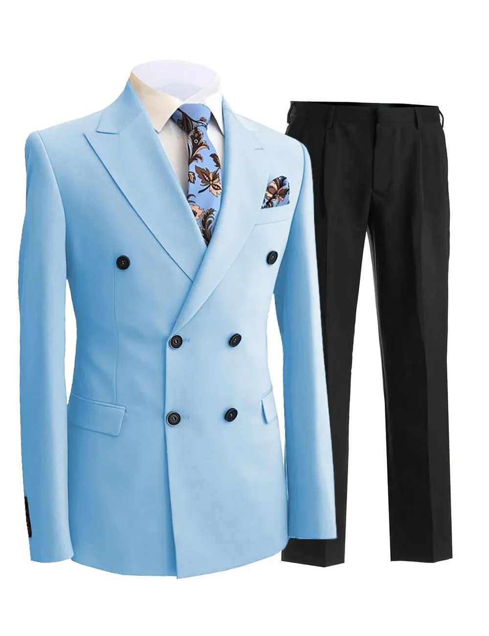 

Men Suit 2 Pieces Blue Gentleman Double Breasted Peak Lapel Formal For Wedding Groom Tuxedos Party Jacket With Black Pants