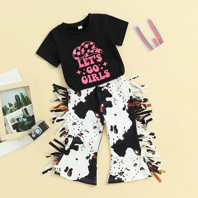 

Western Baby Girl Bell Bottoms Tie Dye Outfits Letter Print Shirt Short Sleeve Cow Print Flare Pants with Tassel
