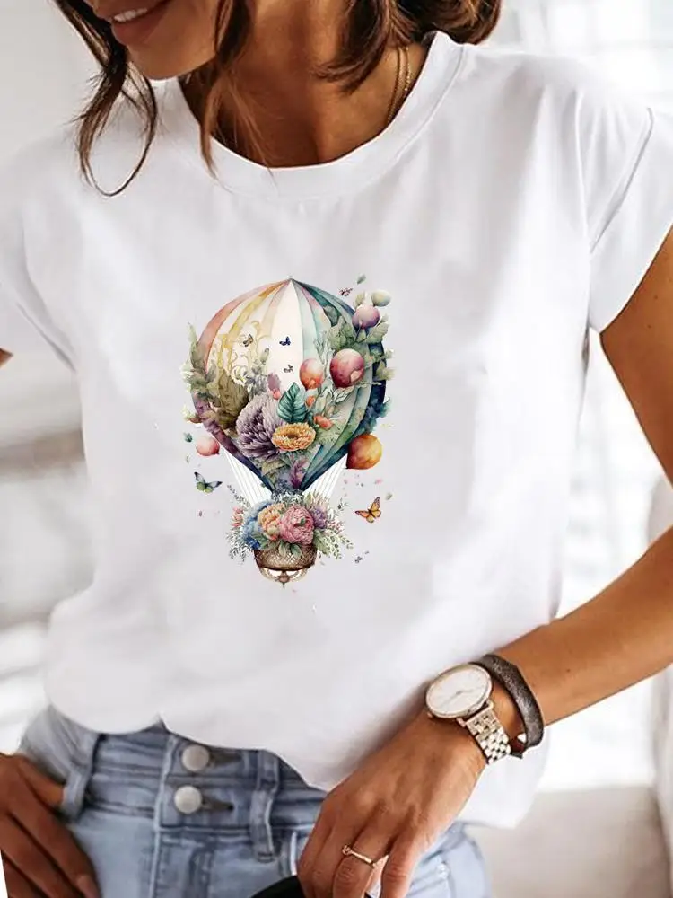 

Clothes Short Sleeve Print T Female Clothing Graphic Tee Women Hot Balloon Flower Trend 90s Fashion Lady Casual T-shirts