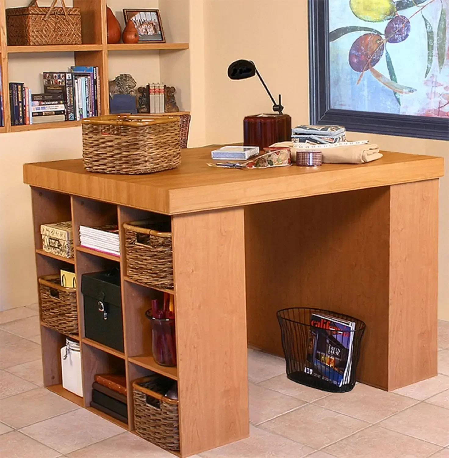 Bookcases Project Center Desk with 2 Bookcase Sides Organize All Your Projects & Hobbies 41"D x 55"W x 38.5"H Oak