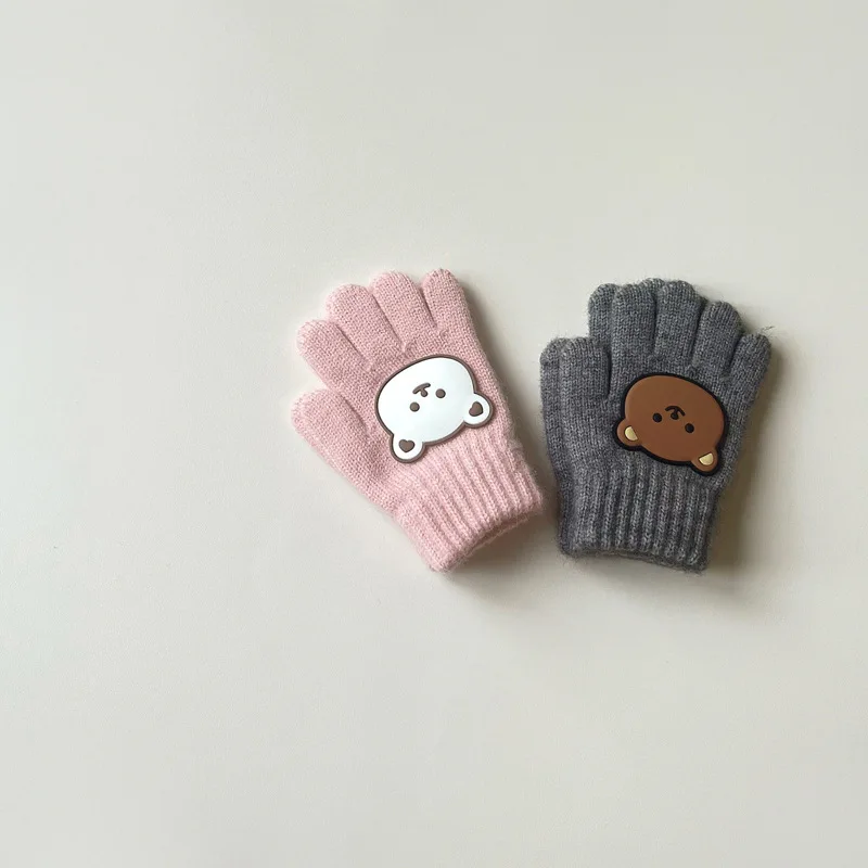 Winter Baby Gloves Cartoon Bear Woolen Five Fingers Gloves for Girls Infant Boys Cashmere Warm Kids Accessories 3-7 Years Old