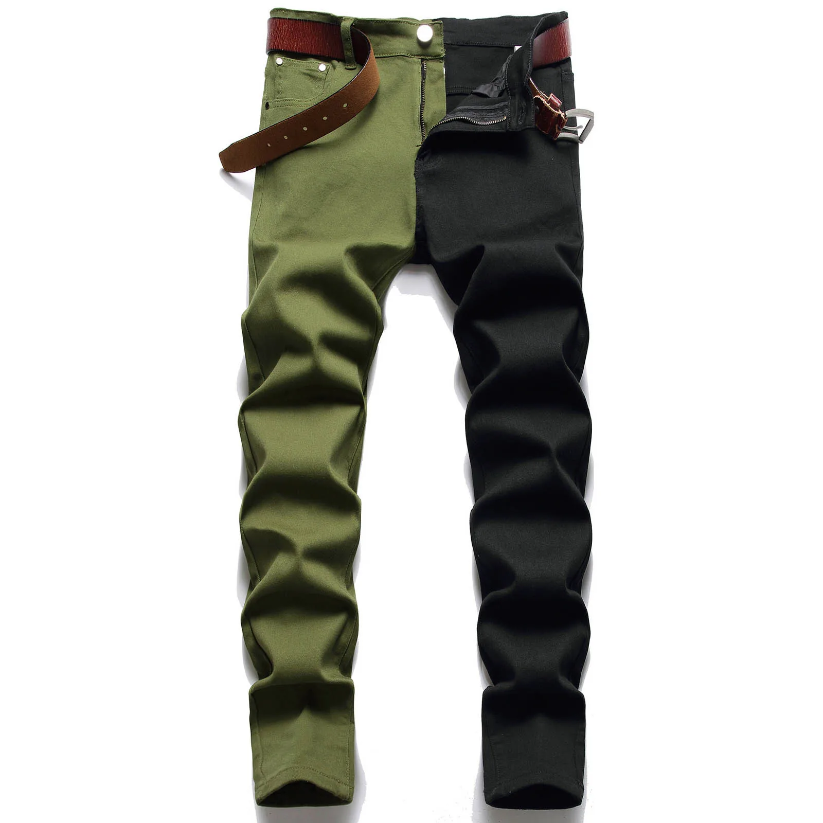 Fashion Contrasting Colors Patchwork Men's Jeans Long Pants Classic Handsome Ripped Stretch Straight Slim Denim Trousers