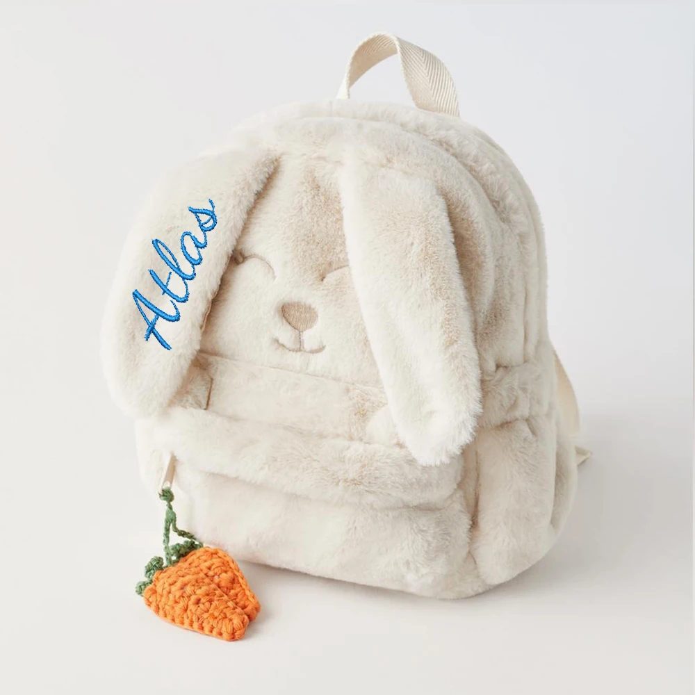 Personalized Custom Beige Plush Cute Carrot Hanging Ear Rabbit Women's Backpack, Embroidered Children's Cute Gift Bag With Name