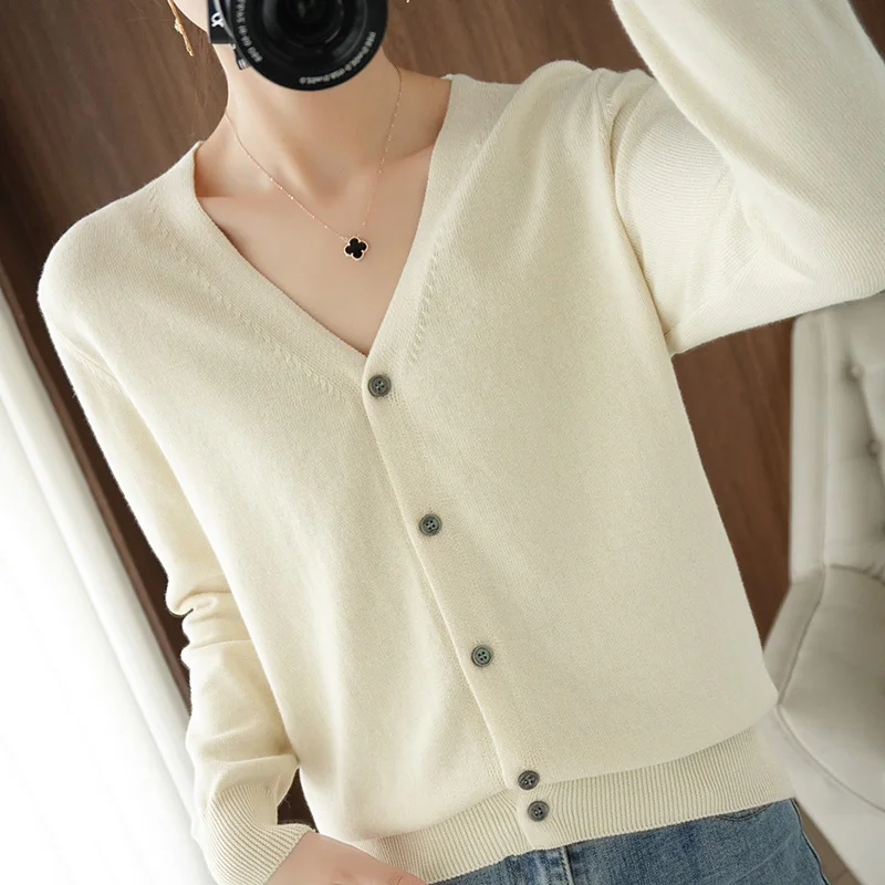 

Pure Cotton Line Fashion All Match Short Knit Cardigan Women Early Autumn Slimming Long Sleeve Outside A Small Shirt Woman