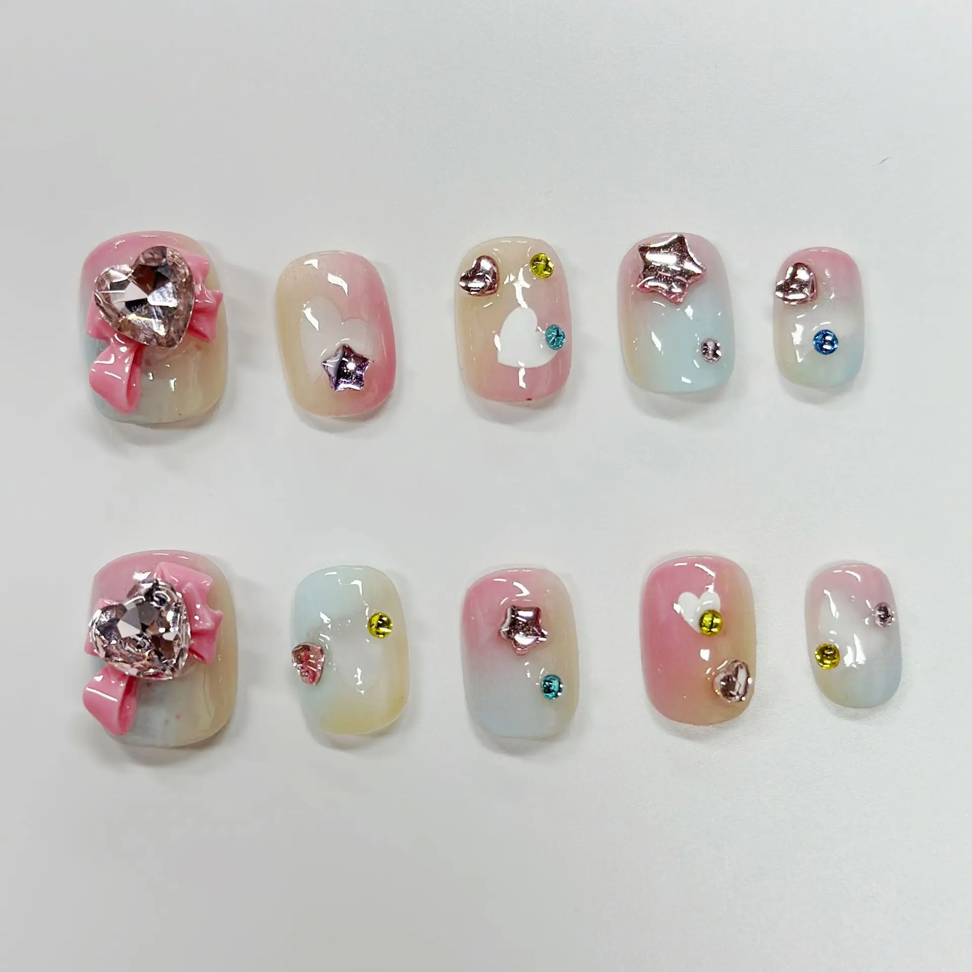 

Emmabeauty стиль колледжа чистый ручной работы пресс на ногтях Милая Радуга красивая девушка розовая голубая искусственная бабочка лук