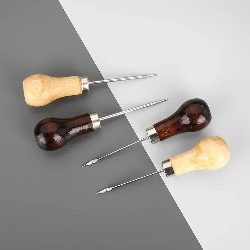 1pc Awl Pricker Hole Maker Cone Punch Sewing Stitching Leather Craft Shoemaking Tool Wooden Handle Drilling with Hook Stabber