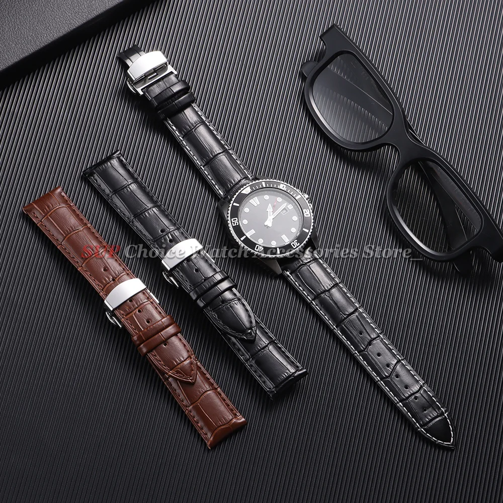Sleek Calfskin Leather Watch Band with Butterfly Buckle