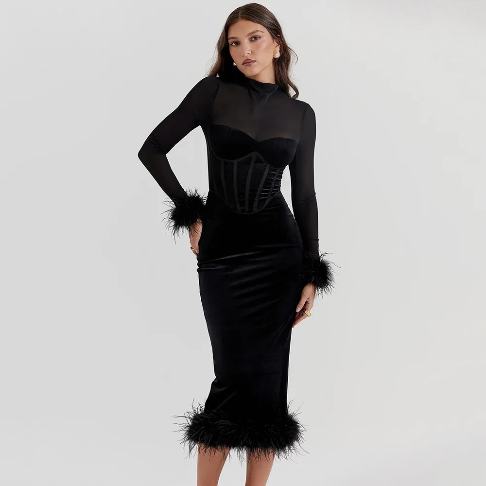 

2024 New Summer Women's Black Sexy Mesh Spliced Elegant Feather Tight Midi Bandage Dress Elegant Celebrity Party Dress