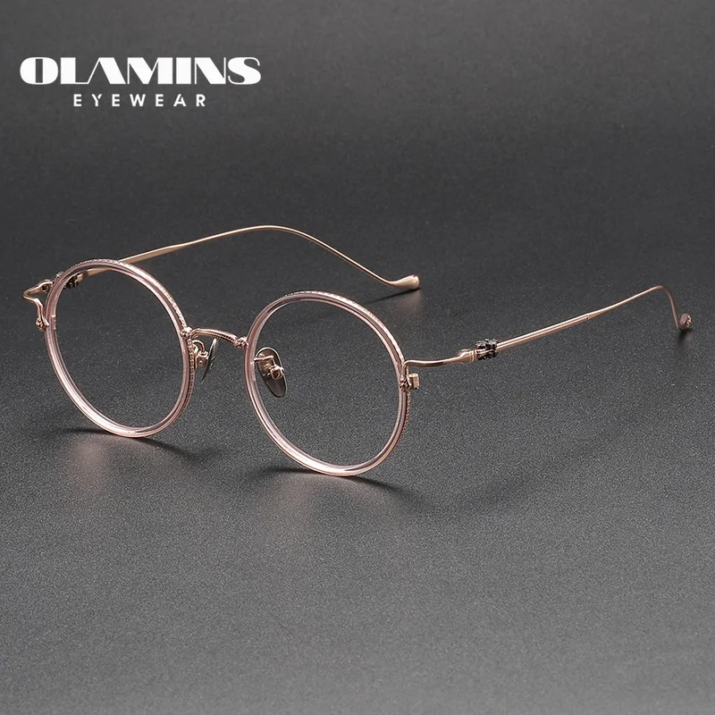 

OLAMINS​ Japanese Hand-Polished Titanium Mixed Retro Eyeglasses Frame Irregular Round Glasses Eyewear Myopia 80924