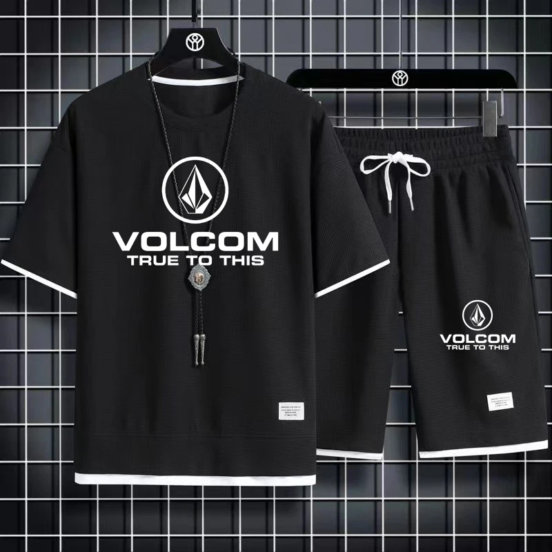 2024 VOLCOM New Man Tracksuits 2 Piece Short Sleeve Suits Printing T-shirt +Sweatpants Sets Sutdent Casual Summer Sport Clothes 2