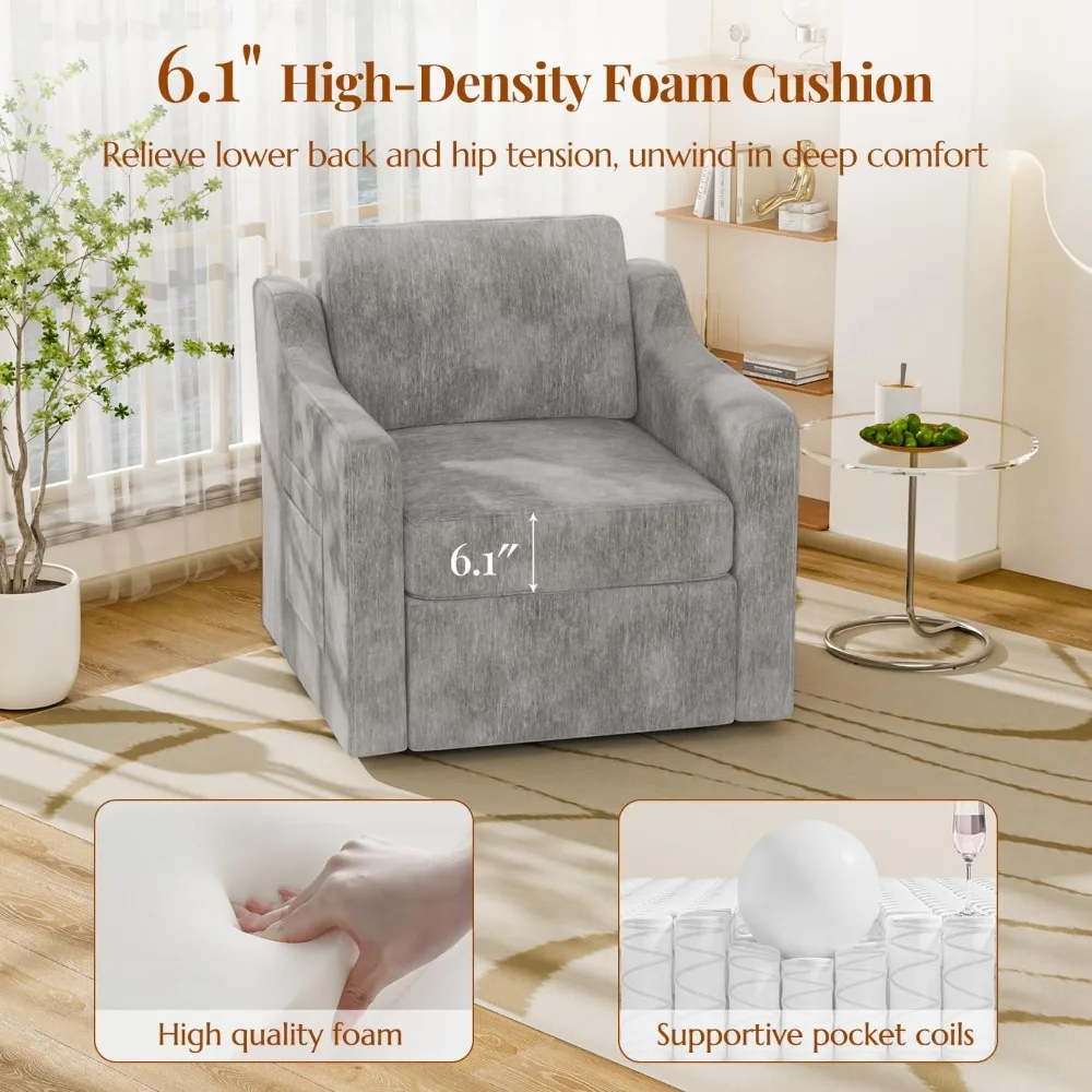 360° Swivel Accent Chair, Large Comfy Reading Armchair for Living Room Bedroom, Grey Upholstered Sofa