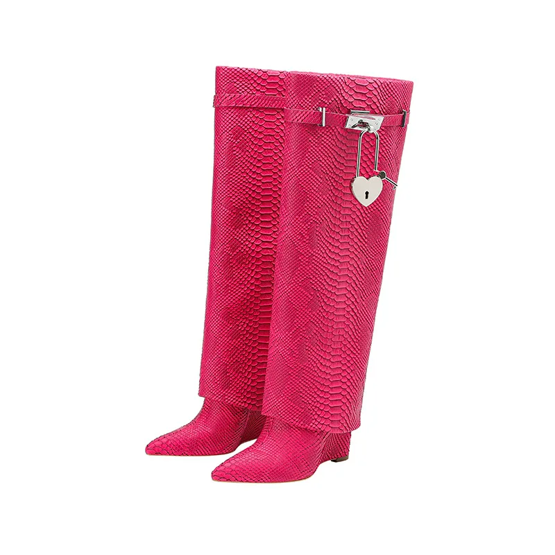 2023 Winter New Pointed High Heel Crystal Wedge Heel Large Peach Heart Buckle Knee Long Boots and Trouser Sleeve Boots