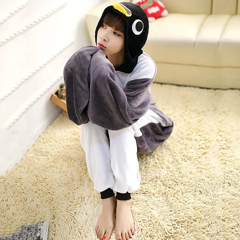 Adult Anime Kigurumi Onesie Funny Grey Penguin Costume Pajamas For Women Men Unisex Flannel Warm Soft Animal Onepieces Sleepwear