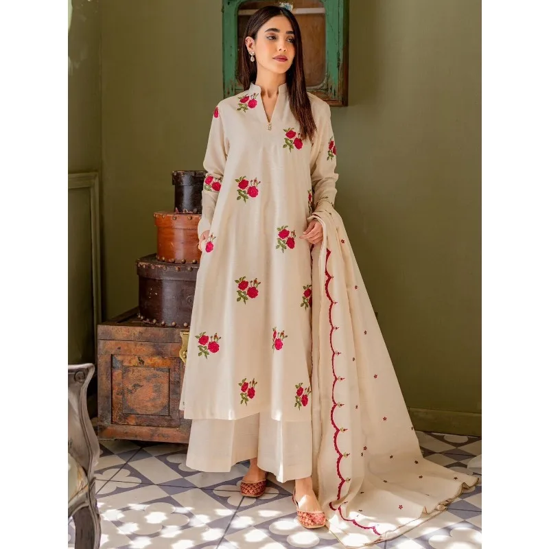 Women Salwar Kameez Fully Stitched Festival Kurti Pant Dupatta White Rose Print