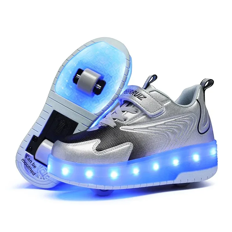 Children's Roller Skate Shoes Lace-Up LED Lighting Boy Girls Student Adult Walking Running Shoes Double Wheel Flying