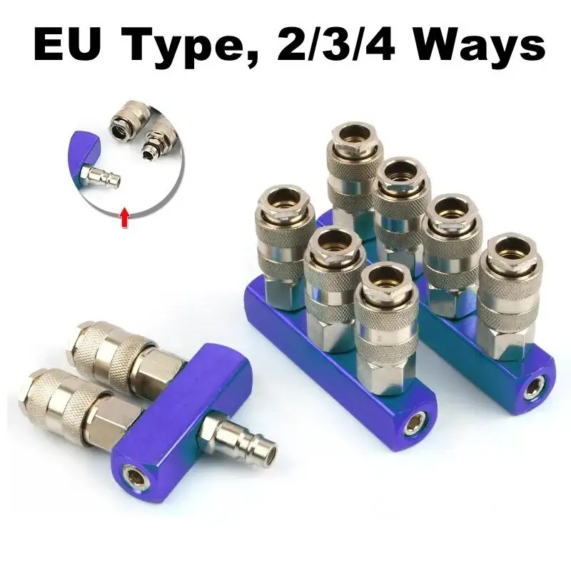 2/3/4 Ways EU ประเภท PNEUMATIC Manifold Splitter Coupler Quick FITTING Air ปั๊มแก๊สคอมเพรสเซอร์ขั้วต่อ G1/4 ปลั๊ก 1