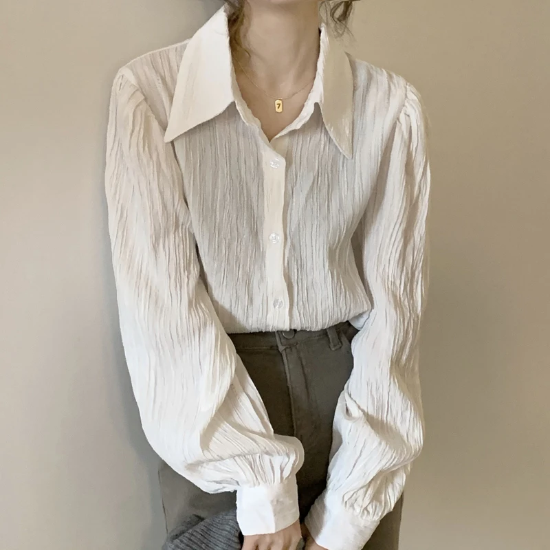 

Elegant Women Lapel White Shirts Blouses Female Puff Full Sleeve Tops Loose Casual OL Shirt Blusas 2023 Spring Summer WB19