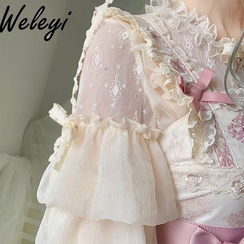 

Lolita Summer Top Woman Lace Short Puff Sleeve Chiffon Shirt for Women Jsk Sweet Lace Bottoming Shirts Blusas Mujer De Moda 2024