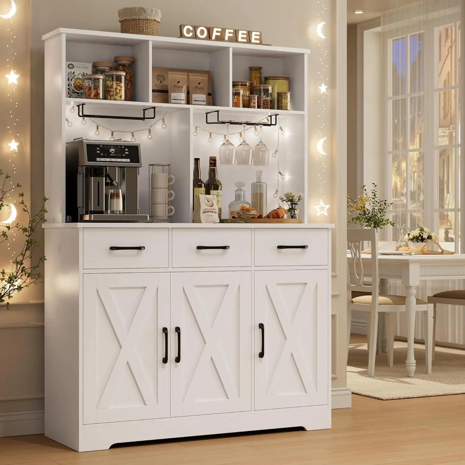 Buffet Cabinet with Hutch Modern Farmhouse Kitchen Buffet Sideboard Storage Cabinet with 3 Drawers Barn Door Coffee Ba HOSTACK