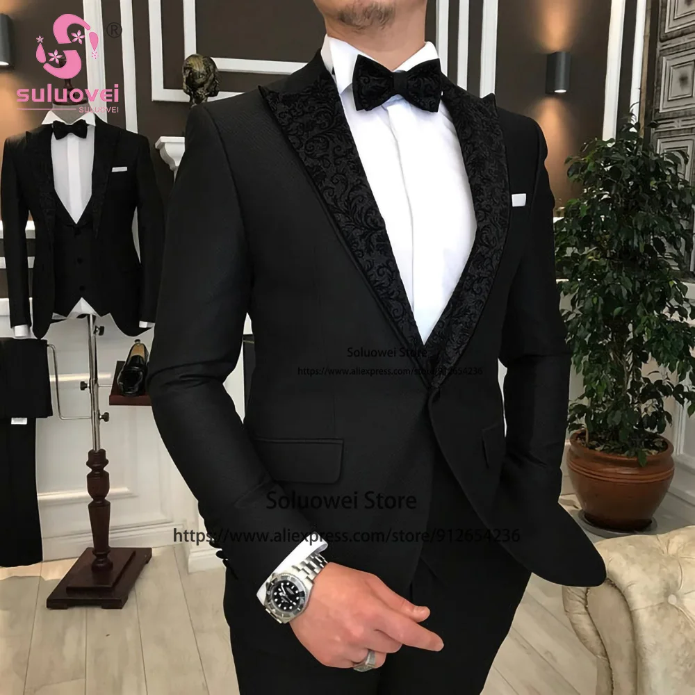 

Fashion Jacquard Tuxedos Slim Fit 3 Piece Jacket Vest Pants Set Business Blazer Formal Groom Wedding Peaked Laple Suits For Men