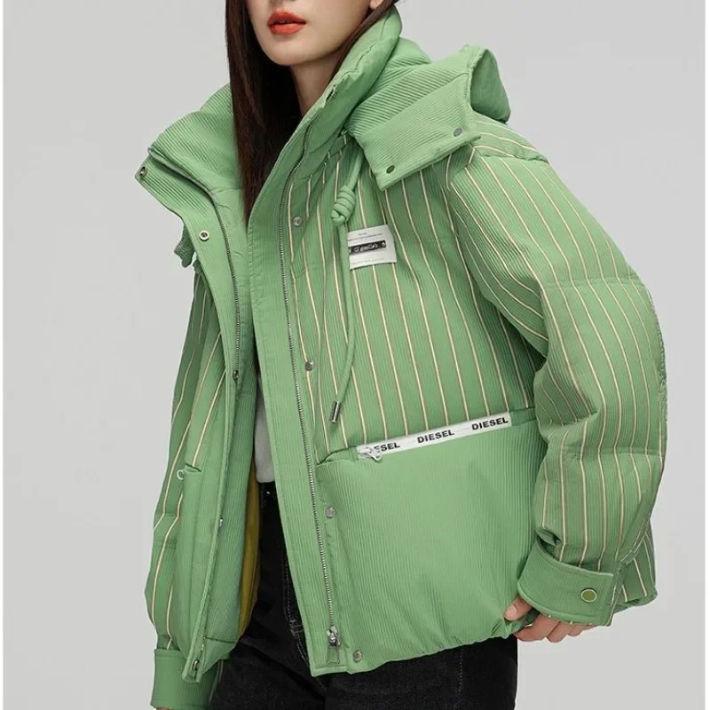 New Women White Duck Down Jacket Winter Coat Female Short Thickened Parkas Contrasting Colors Hooded Outwear Loose Warm Overcoat