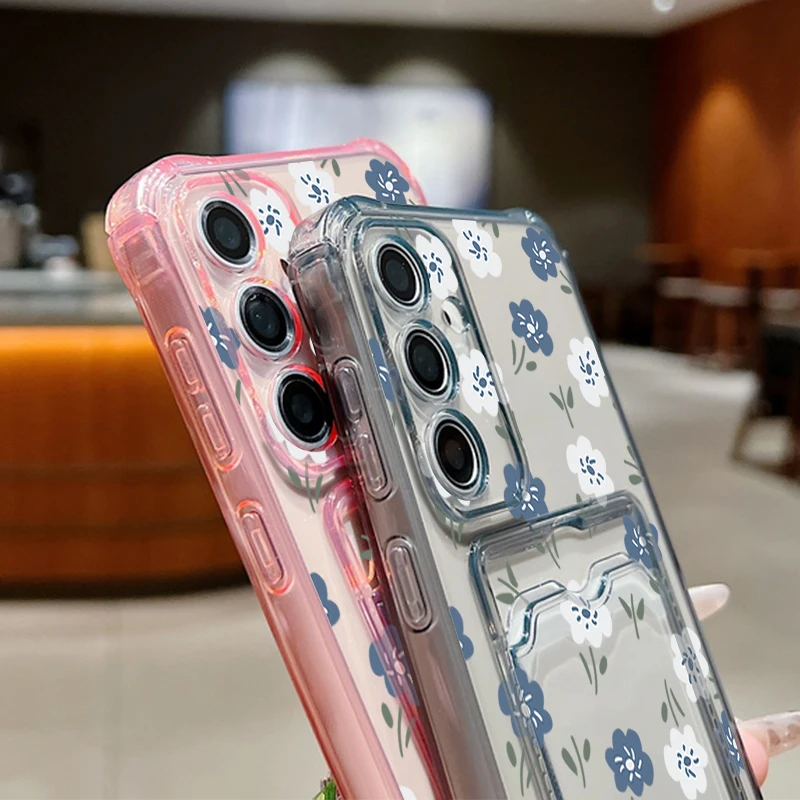 Blue & White Floral Card Wallet Phone Case - TPU Protective Cover