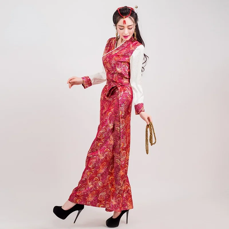 Tibetan Dress Blue Red Long Dress Women Oriental Qipao Lhasa Bora Clothing Satin Robes Cheongsams National Style Chinese Skirt
