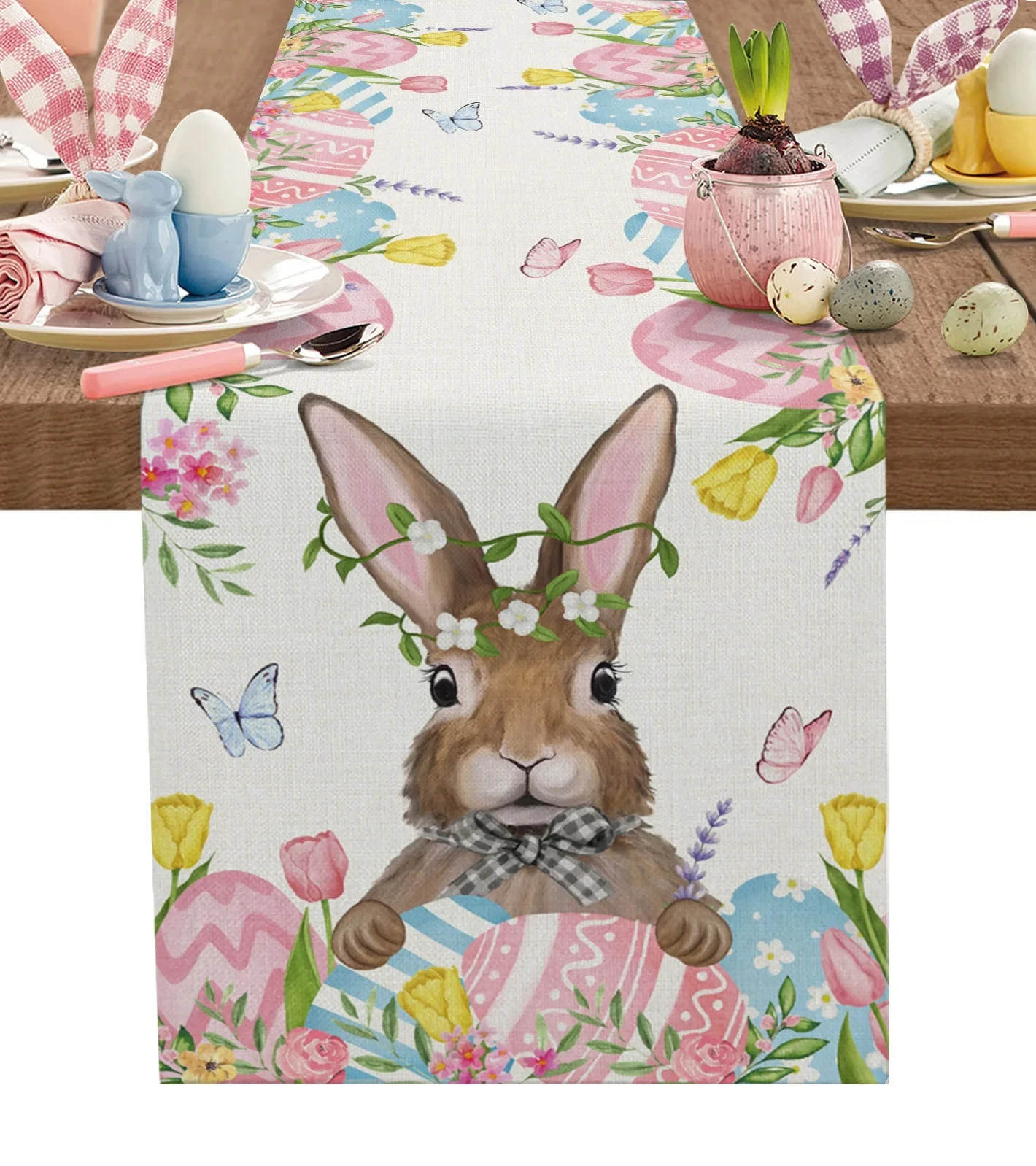 

Easter Eggs Bunny Flower Rabbit Linen Table Runner Holidar Wedding Party Decor Washable Home Festival Kitchen Decor Table Runner