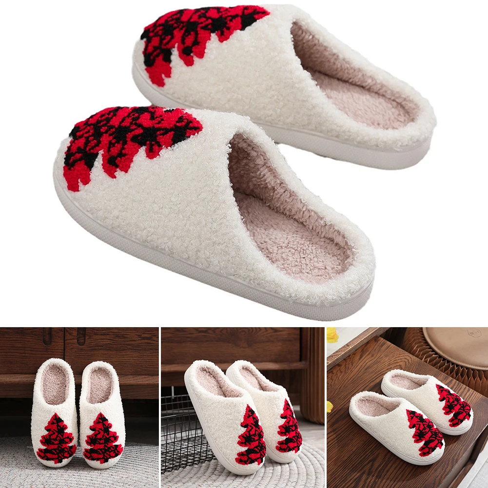 Women Men Warm Plush Home Christmas Tree Cotton Slippers Warm Comfortable Thermal Non-slip Shoes for Winter Indoor Hot Selling