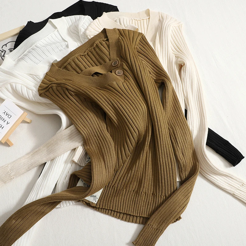 

Female New V-Neck Knitted Stretch Knitted Bottoming Shirt Long-Sleeved Loose Pullover Autumn Casual Solid Sweater Wild Women Top