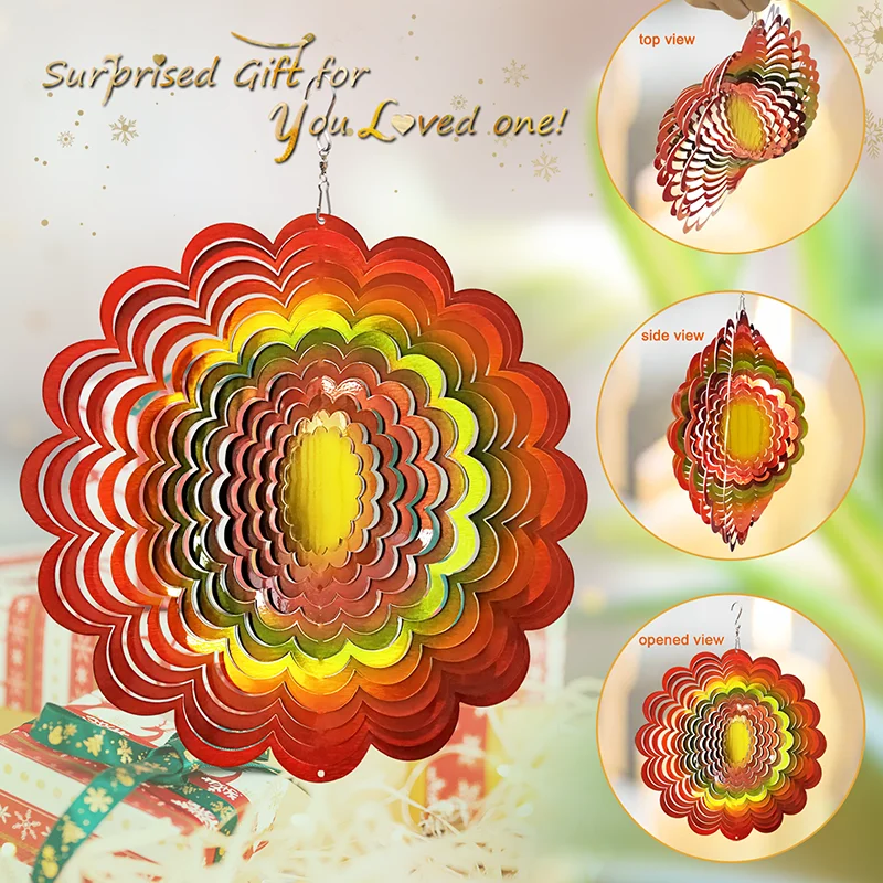 PSATHENATI Wind Spinner Stainless Steel 3DHanging Garden Decoration for Indoor Outdoor Rainbow Color Sunflower Wind Spinner 12in