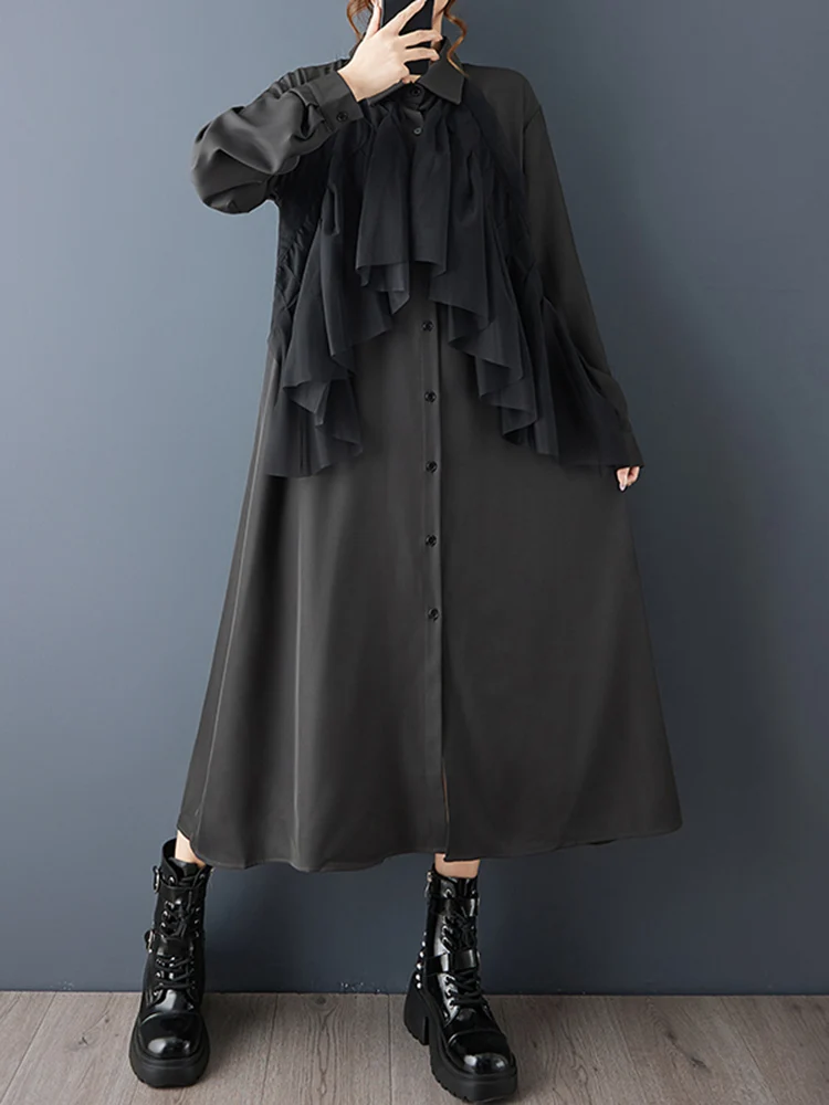 Oversized Patchwork Mesh Shirt Dresses For Women Spring Autumn New Long Sleeve Loose Casual Vintage Dress Elegant Clothing 2025