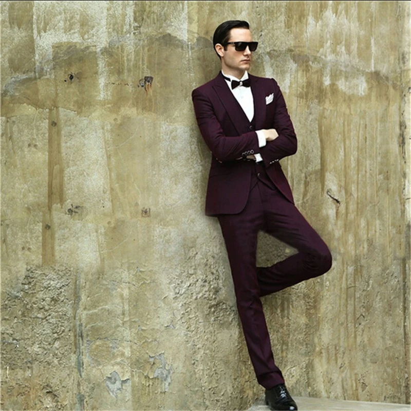 Slim Fit Burgundy Men's Dinner Party Prom Suit Groom Tuxedos Groomsmen Wedding Blazer Men Suit (Jacket+Pants+Vest)