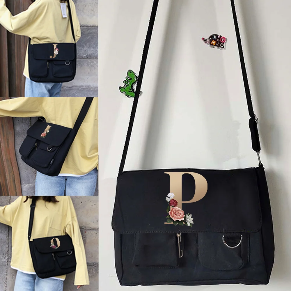 Messenger Bag for Large Capacity Unisex Casual Travel Canvas Shoulder bags gold Initial name